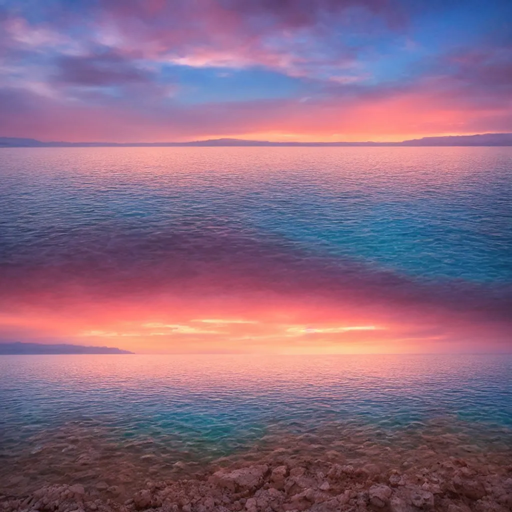 Image similar to the dead sea, beautiful sunset with colorful clouds, low angle, professional photo
