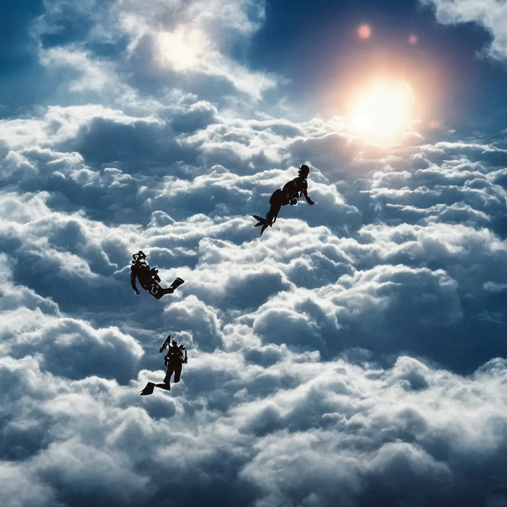 Prompt: a scubadiver floating above the clouds, graphic art