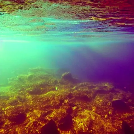 Prompt: beautiful underwater river, the light refracting through the surface makes rainbow colors everywhere