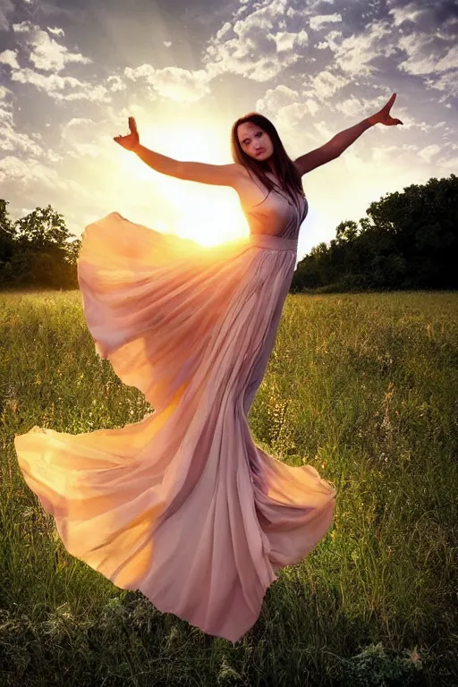 Image similar to absolutely stunning beautiful virgin dancing in summer field in dramatic lighting, dramatic shadows, dramatic details, dramatic zoom, dramatic lenses, dramatic f/x, dramatic everything, trendind everywhere, dramatic award winning dramatic digital art