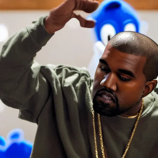 Prompt: kanye west getting a cheeseburger, as sonic commits war crimes in the 1980s