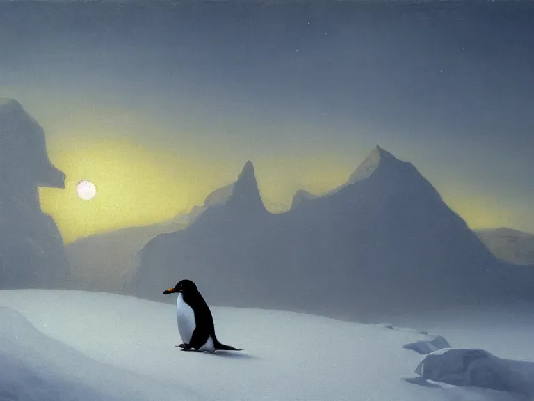 Image similar to an oil painting of a penguin playing in pure white snow on a misty glacier at dusk. aurora. by tuomas korpi moebius and carl spitzweg. baroque elements. intricate artwork by caravaggio. oil painting. oil on canvas. award winning. dramatic. trending on artstation. 8 k