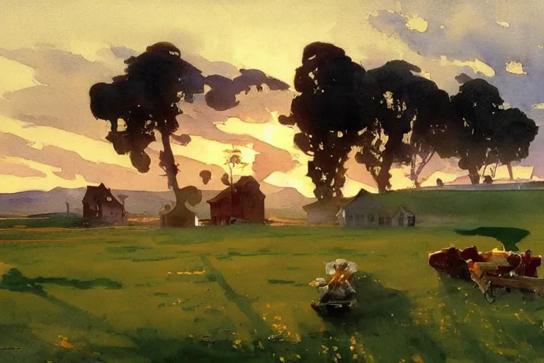 Prompt: california style watercolor painting of houses in distance, at the edge of wide fields, very beautiful ambient lighting, sun rays, dust, art by john singer sargent, by anders zorn and winslow homer, wonderful masterpiece by greg rutkowski, cinematic light, american romanticism by greg manchess, creation by tyler edlin