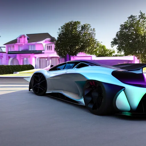 Image similar to iridescent pearl colored supercar, black spoiler, white rims, purple tinted windows, mansion in background, 8 k, octane render, ultra detailed, intricate