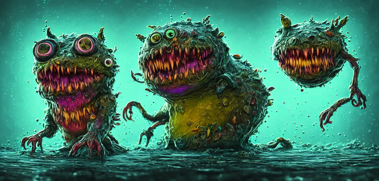 Prompt: intricate colourful murky with strange cute friendly angry crazy creatures with huge fluffy eyes long tongue triangle teeth and scary face appearing from the water, in the style of craola, macro lens, shallow depth of field, highly detailed, digital painting, trending artstation, concept art, illustration, cinematic lighting, vibrant colors, photorealism, epic, octane render