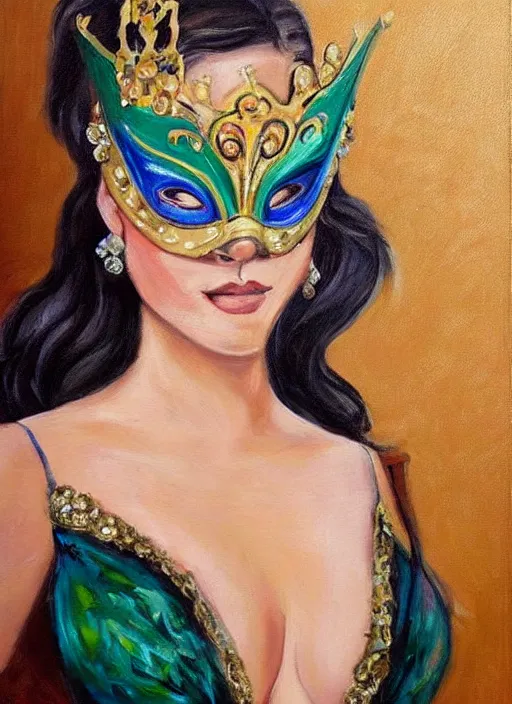 Image similar to a beautiful woman wearing an elaborate masquerade mask and matching ballgown, looking at the viewer with an alluring expression. painting by magali villanueve