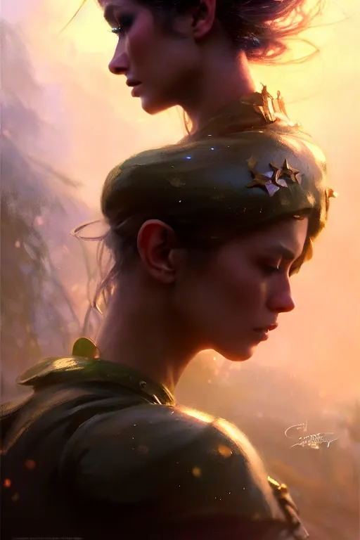 Image similar to cinematic shot of an epic portrait of a fairy dressed in military clothes, shiny skin, beautiful eyes, beautiful, small details, night setting, realistic poster with volumetric light from craig mallism, artgerm, jeremy lipkin and michael garmash, unreal engine, radiant light, detailed and complex environment, digital art, trends at art station, a masterpiece