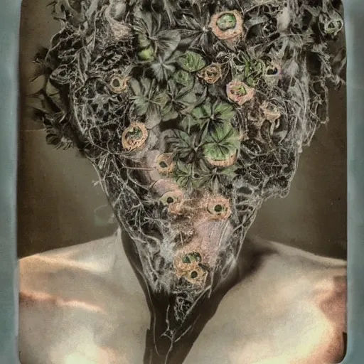 Image similar to a beautiful detailed front view portrait of a rotten woman corpse with fractal plants and fractal flowers growing around, volumetric light, beautiful lit, polaroid photography