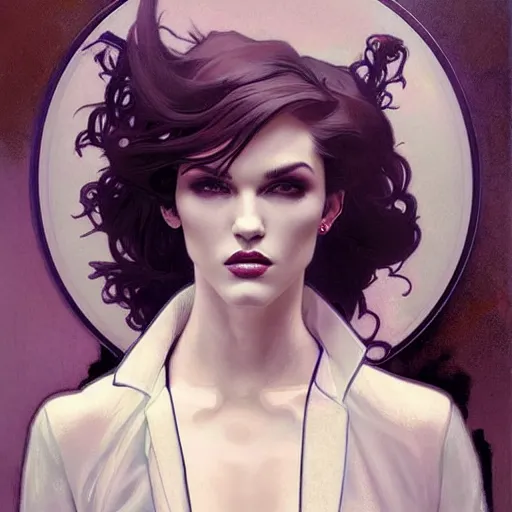 Image similar to beautiful portrait of androgynous ruby rose as desire from sandman in a white tuxedo!!!, rockabilly style, by alphonse mucha, cedric peyravernay, by jeremy mann, by frank moth, white suit and black tie, soft lightning, high detailed, 8 k