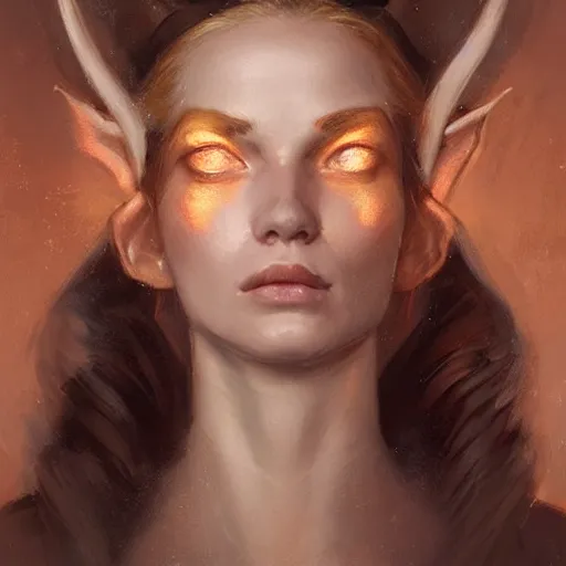 Prompt: A head-on, symmetrical, head and shoulders detailed oil portrait of an elf woman with small horns of copper wearing a simple white robe, by greg rutkowski, trending on artstation, dungeon and dragons art