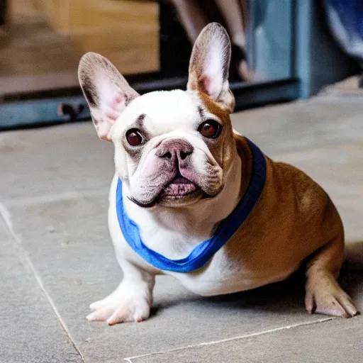 Image similar to photo of a sad white and brown french bulldog with a cone around his head