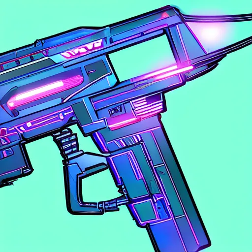 Prompt: laser pulse rifle, future outlined by whirling illuminated neon lines, outrun, vaporware, shaded flat illustration, digital art, trending on artstation, highly detailed, fine detail, intricate