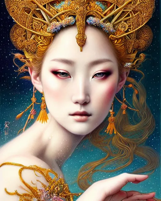 Prompt: portrait of a beautiful celestial goddess, sweet, graceful, esoteric, muted colors, head in focus, fantasy art, ornamental, intricate, elegant, highly detailed, hyperrealistic painting, artstation, concept art, painterly, sharp focus, hasselbrad photography, illustration, art by chie yoshii
