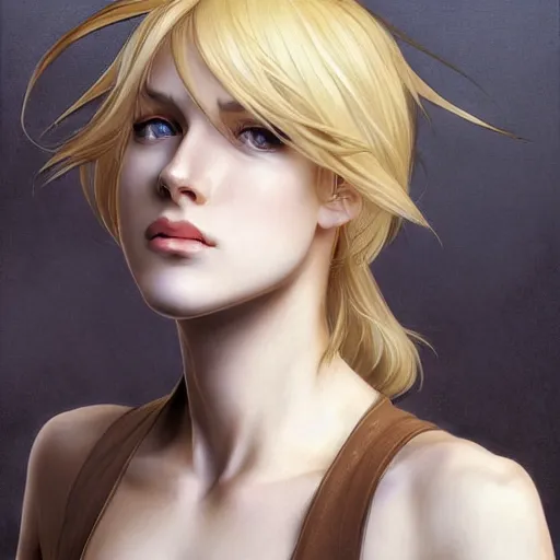 Prompt: Blonde Girl from Metal Gear Solid with thin lips, pronounced cheekbones, hair of medium length (longer caret), highly detailed, digital painting, artstation, concept art, smooth, sharp focus, illustration, ArtStation, art by artgerm and greg rutkowski and alphonse mucha and J. C. Leyendecker and Edmund Blair Leighton and Katsuhiro Otomo and Geof Darrow and Phil hale and Ashley wood and Ilya repin and Charlie Bowater