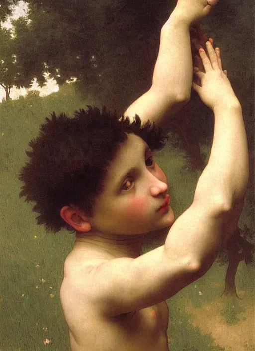 Image similar to a young man holding the head of a monster, climbing a hill in front of a crowd, extremely realistic and highly detailed painting by william - adolphe bouguereau and caravaggio, soft light, gold ratio