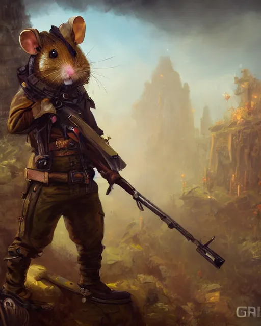 Prompt: oil painting of anthropomorphized hamster holding Rifle, steampunk clothes, close shot, full body, dark steampunk mine shaft background, sharp focus, fantasy style, octane render, volumetric lighting, 8k high definition, by greg rutkowski, highly detailed, trending on art Station, dungeons and dragons artwork, centered