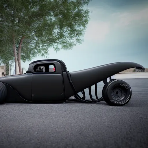 Image similar to matte black chopped and channeled tesla rat rod with a blower protruding out of the hood, 4 k photorealism, 4 k quality