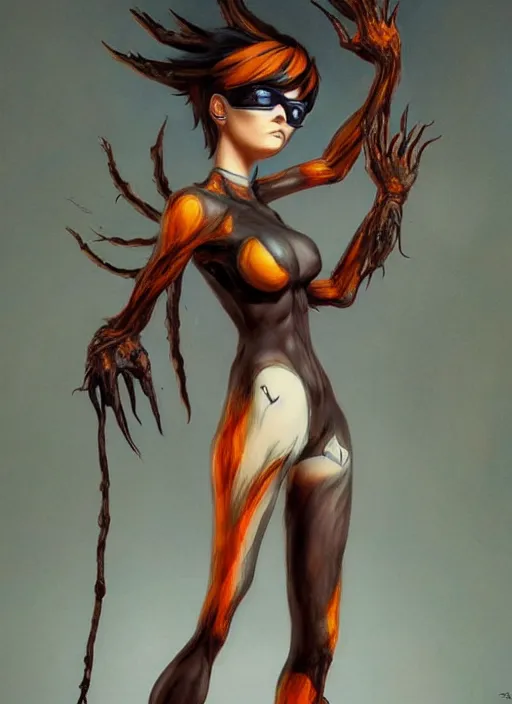 Image similar to dark full body painting of tracer from overwatch, in style of zdzisław beksinski, scary, horror, 4 k, feminine facial features, overwatch tracer character, horror, body horror, disturbing, detailed face, dressed in dark garment, black tendrils, tall,