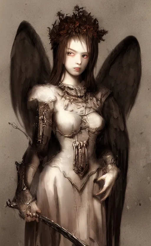 Prompt: angel knight gothic girl. by amano yoshitaka, by rembrandt, digital art, digital painting, artstation trending, unreal engine
