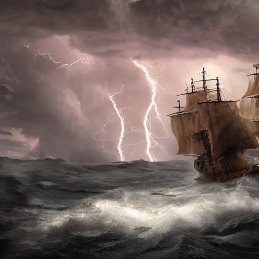 Prompt: baroque ship fighting a giant serpentine creature, in a thunderstorm, heavy lightning, massive waves, night, 3 d render, hyper detailed, realistic lighting,