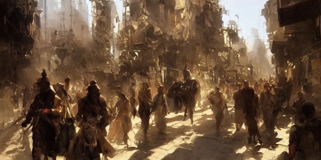 Image similar to highly realistic concept art, anders zorn, craig mullins, rutkowski, dramatic light, in the streets of the bustling city of ancient cairo