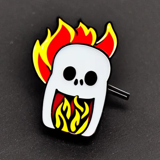 Prompt: a highly detailed retro minimalistic clean happy skull with fire flame enamel pin, hd