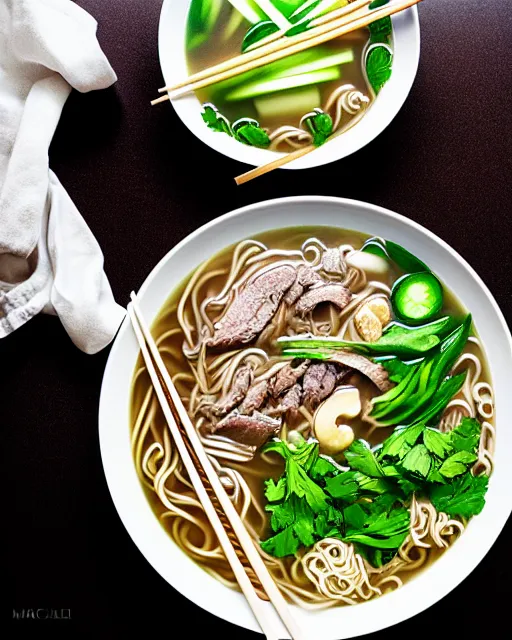 Image similar to realistic photo of delicious pho, ramen, bowl, white kitchen table, cloth, highly detailed, by marc haydon, kailee mandel, masterpiece, award winning, food photography