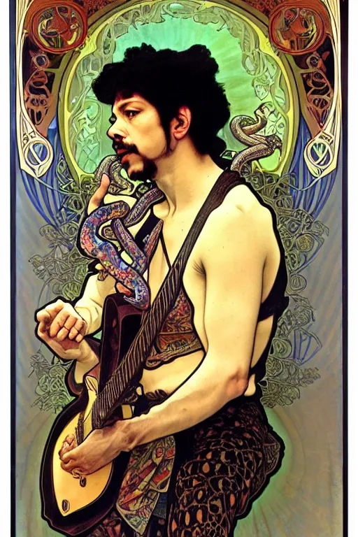 Image similar to realistic detailed face portrait of Carlos Santana playing guitar with snakes around and evolving from his body by Alphonse Mucha, Ayami Kojima, Amano, Art Nouveau, rich deep moody colors