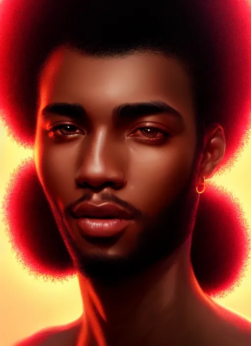 Prompt: photographic portrait of an handsome young black man with an afro, glowing lights intricate, elegant, highly detailed, digital painting, artstation, concept art, smooth, sharp focus, illustration, art by artgerm and greg rutkowski