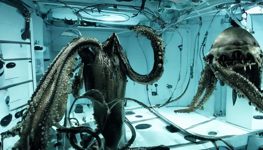 Image similar to Big budget horror movie, undersea biolab, cyborg, autopsy, giant squid