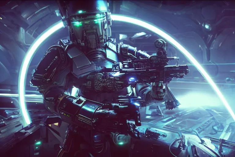 Image similar to VFX movie of a futuristic inhuman alien spacemarines in future spaceship, firing gun at space pirates detailed creature skin neon lighting by Emmanuel Lubezki