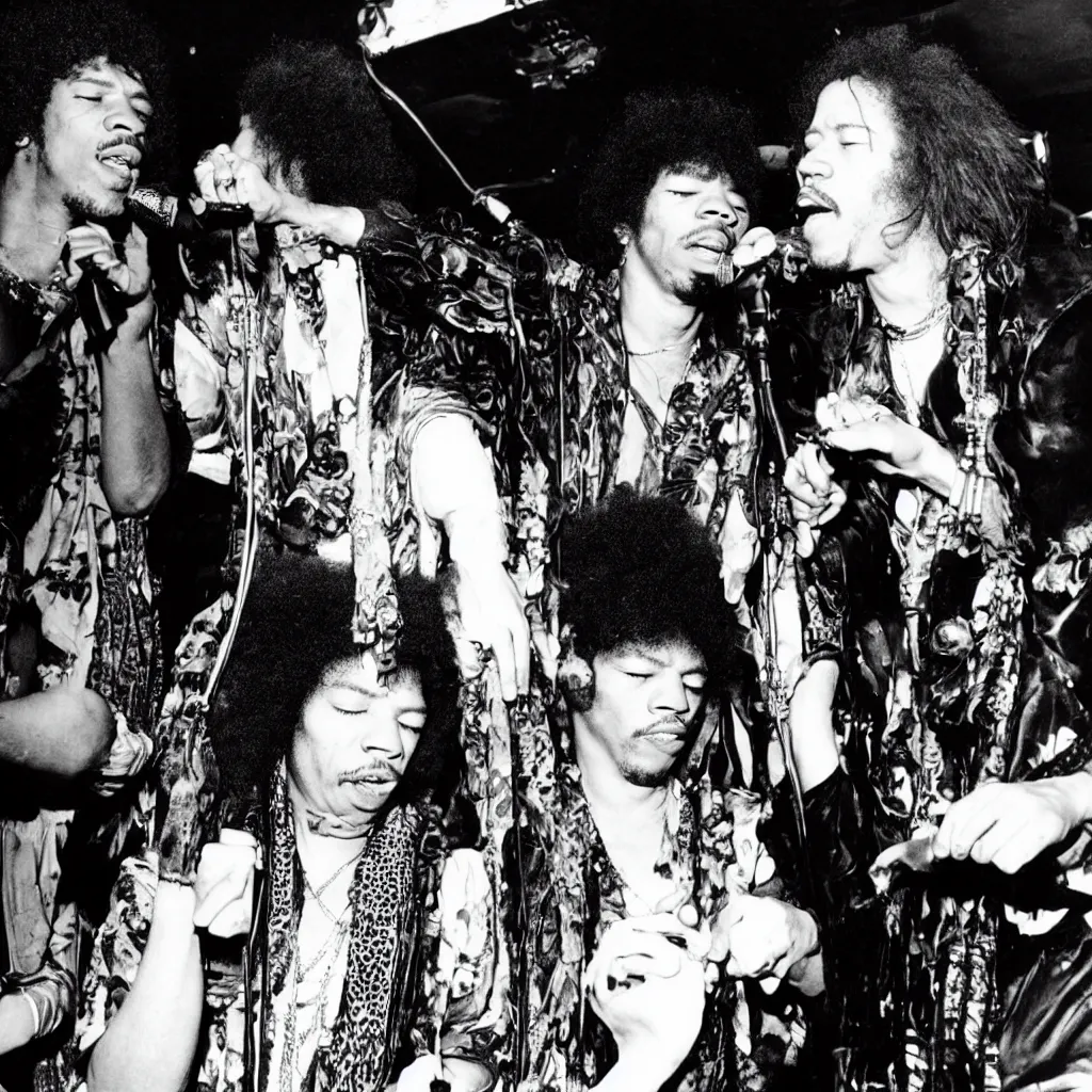 Image similar to a photo of Jimi Hendrix and Janis Joplin performing in a dive bar,