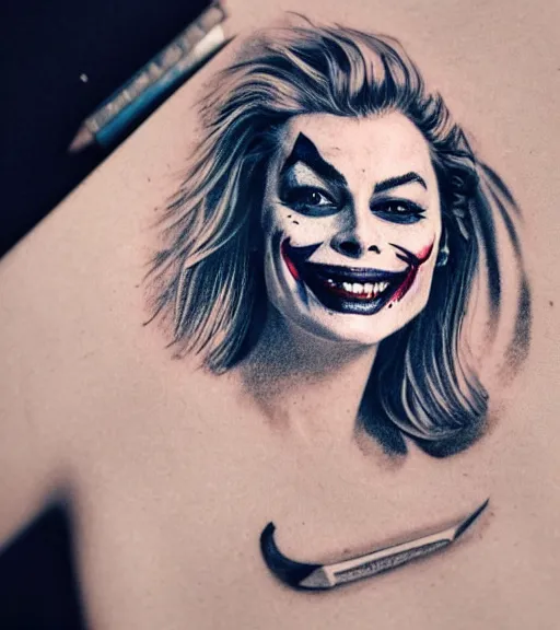 Prompt: tattoo design sketch of beautiful margot robbie with faded joker makeup and holding an ace card, in the style of den yakovlev, realistic face, black and white, realism tattoo, hyper realistic, highly detailed