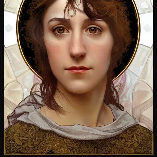 Image similar to portrait of charlotte gainsbourg as joan of arc, hyperreal digital painting, iconography influenced by alphonse mucha and eugene delacroix, arstation and deviantart trends, high resolution 8 k