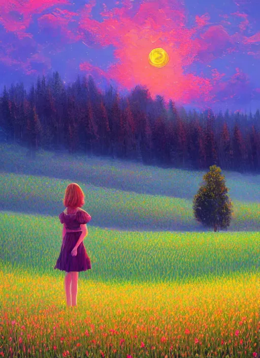 Prompt: girl with flower dress, standing in a field with floating flowers, hills, big trees, sunrise dramatic light, impressionist painting, colorful clouds, digital painting, pointillism, artstation, simon stalenhag