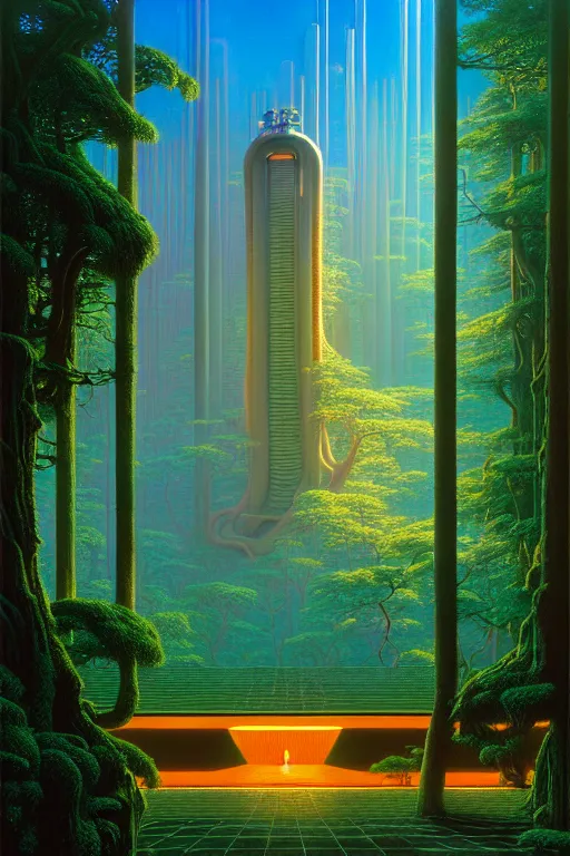 Prompt: a futuristic minimalistic tiled room with a view of the forest, tim hildebrandt, wayne barlowe, bruce pennington, donato giancola, trending on artstation, cinematic composition, beautiful lighting, hyper detailed, 8 k, oil on canvas