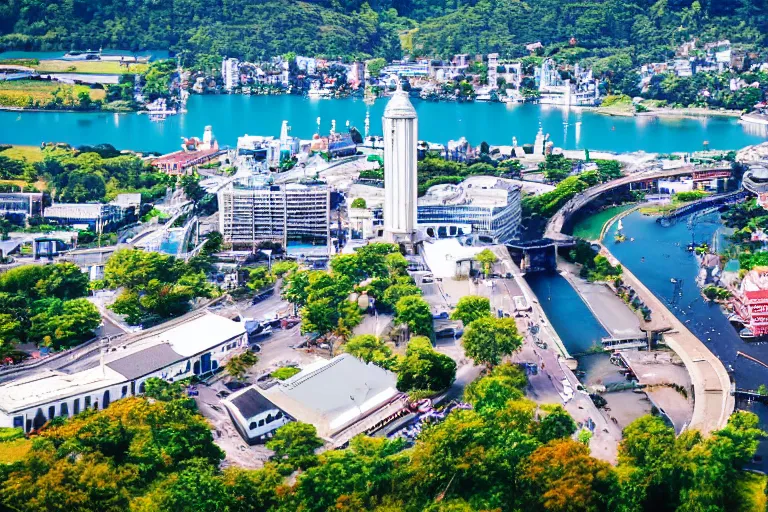 Image similar to bird's eye view photography of a small city. town hall, central farm, monorail station, beach and harbor. hills, woods and lake to the north.