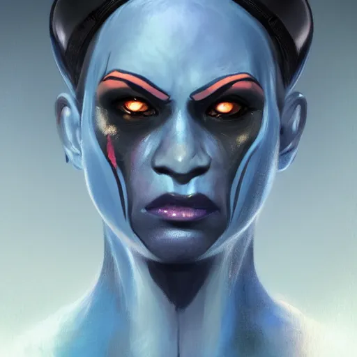 Image similar to portrait of a female Twi'lek sith by Greg Rutkowski, blue skin, she is about 30 years old, wearing black sith uniform, Star Wars Expanded Universe, highly detailed portrait, digital painting, artstation, concept art, smooth, sharp foccus ilustration, Artstation HQ