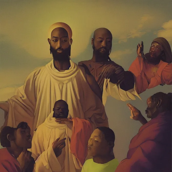 Prompt: three UFOs hovering over an African Jesus, painting by Hsiao-Ron Cheng, colorful,