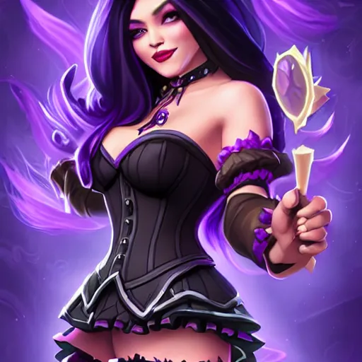 Image similar to a beautiful woman with long black hair, wearing a black corset top and a purple tutu, Hearthstone official splash art