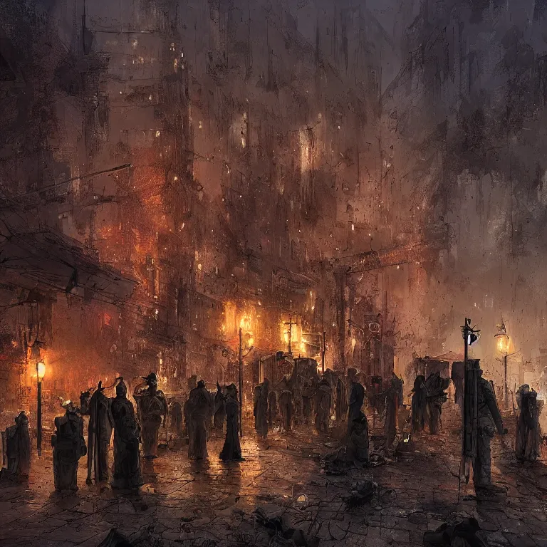 Image similar to the souls of dead soldiers waiting in a lone bus stop in quiet dark city, by marc simonetti