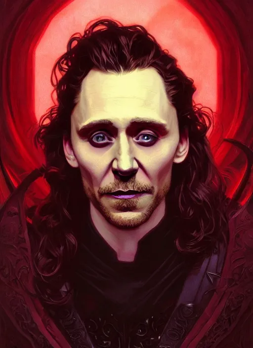 Image similar to portrait of tom hiddleston as a vampire lord, crimson peek, jewelry, greek, ruby, intricate, headshot, highly detailed, digital painting, artstation, concept art, sharp focus, cinematic lighting, illustration, art by artgerm and greg rutkowski, alphonse mucha, cgsociety