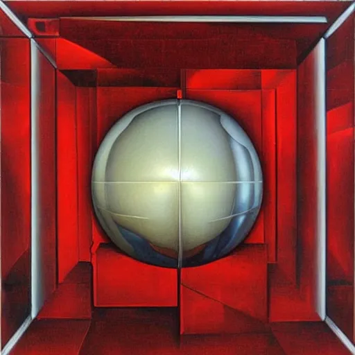 Prompt: chrome spheres on a red cube by evelyn de morgan