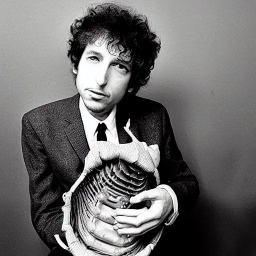 Image similar to bob dylan cradling a giant isopod like a baby, photograph, 1 9 6 5