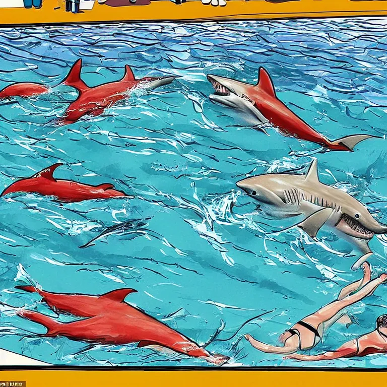 Prompt: a professional drawing of a swimming race between a man (swimming freestyle) and a shark (his head emerging from the water) in an Olympic swimming pool, the race is close