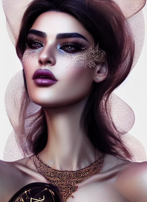 Prompt: portrait of arabic model, intricate, technology, sharp focus, octane render, realistic, detailed, beautiful, unreal engine, symmetrical!!, maybelline, sephora, loreal, artstation, art by artgerm, rossdraws, art by karol bak, makeup by pat mcgrath, cinematic, concept art, filmic, vsco