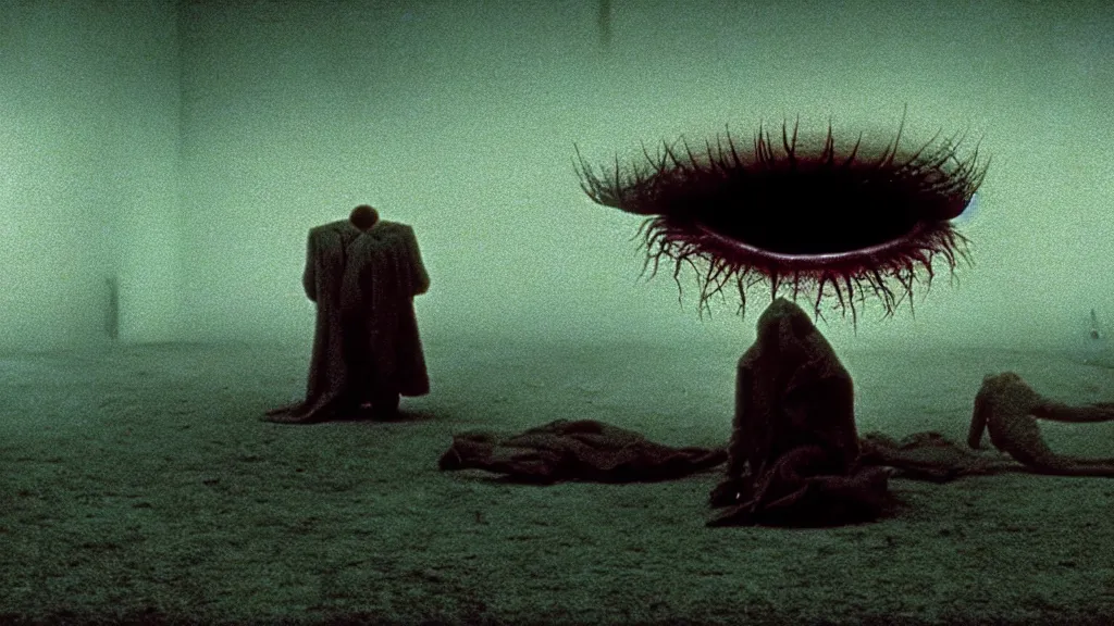 Prompt: the strange creature from my eye, we ait in line at the bank, film still from the movie directed by denis villeneuve and david cronenberg with art direction by salvador dali and zdzisław beksinski, wide lens