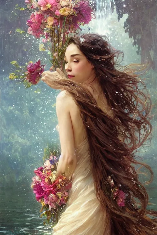 Image similar to portrait of a beautiful mysterious woman holding a large bouquet of flowing flowers, wet dripping long hair, hands disappeared under the bouquet, emerging from the water, fantasy, regal, intricate, by stanley artgerm lau, greg rutkowski, thomas kindkade, alphonse mucha, loish, norman rockwell