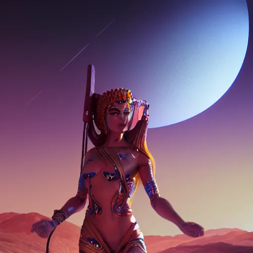 Image similar to goddess inanna on mars with cables for hair, extremely detailed painting, in the style Fenghua Zhong, mystical colors, sunset lighting, 8k, stunning scene, raytracing, octane, trending on artstation