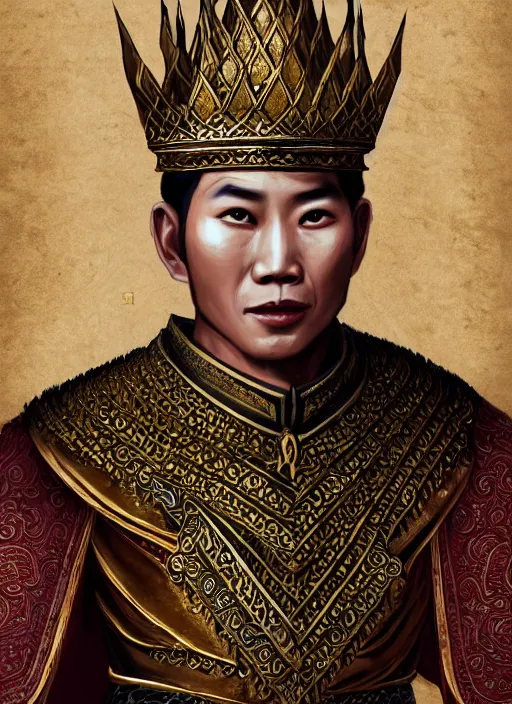 Image similar to king ramkhaheang of sukhothai, close portrait, historical, ethnic group, traditional tai costume, sukhothai headset, leather shoulder armor, fantasy, intricate, with leather armor cross onbare chest, elegant, loin cloth, highly detailed, oill painting, artstation, concept art, matte, sharp focus, illustration, hearthstone, art by earl norem